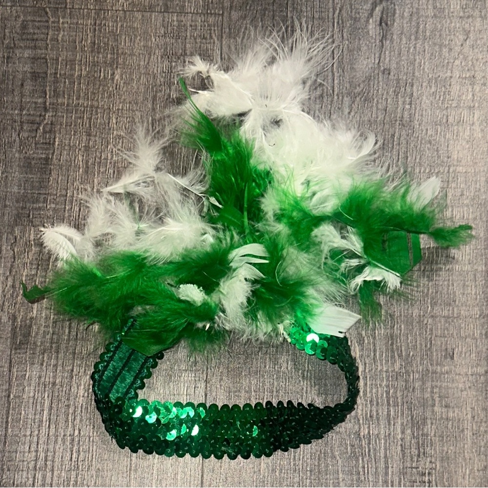 💞 Green and White Feather & Sequin Headband